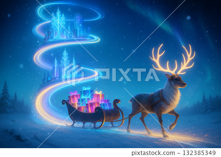 Magical Winter Scene with Glowing Reindeer Pulling Sleigh of Presents Under Starry Sky with Auroras and Fantastical Floating Cityscape 132385349