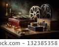 Nostalgic Cinema: Still Life of Old Movie Equipment, Film Strip, and Canisters with Dramatic Lighting 132385358
