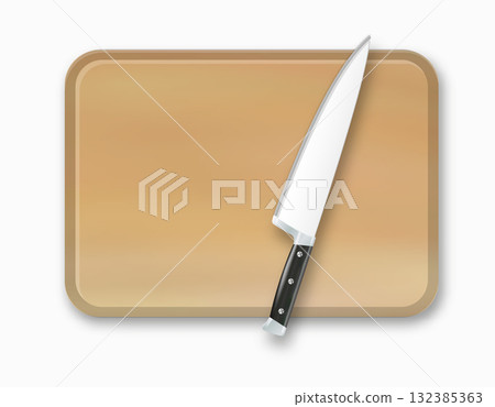 Wooden Cutting Board Kitchen Chopping Board for Food Preparation. Butcher Knife for Meat Cutting. Vector 132385363