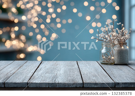 Rustic Winter Decor. Wooden table with fairy lights and rustic jars with white flowers 132385378