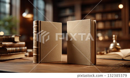 Vintage Library Books. Classic hardcover books displayed on a wooden table 132385379