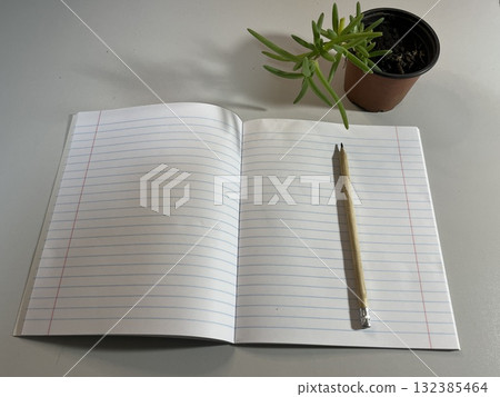 The pencil lies on an open notebook. The pencil lies on an open notebook. 132385464