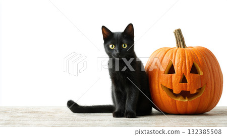 Halloween Cat and Pumpkin. A black cat sits beside a carved pumpkin Halloween Cat and Pumpkin. A black cat sits beside a carved pumpkin 132385508