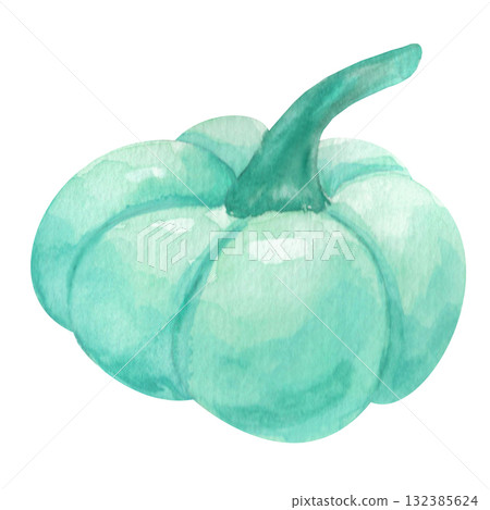 Green, mint-green pumpkin. A delicate watercolor pumpkin with an unusual coloring. This isolated image is perfect for decoration and design. It can be used for theme party invitations, cards, menus, o 132385624