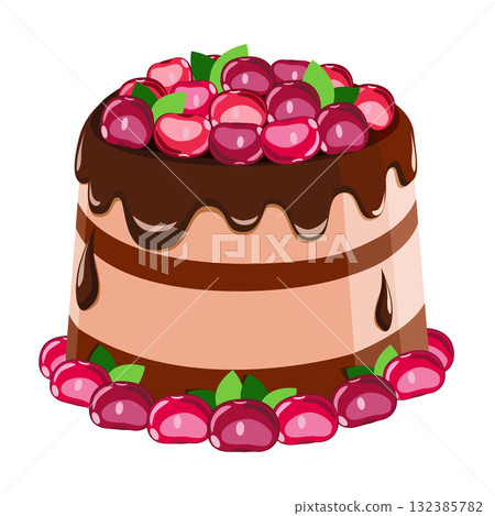Chocolate cake with cherries dessert. Vector illustration	 132385782