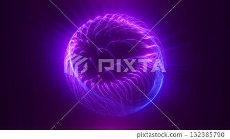 Glowing abstract sphere with purple and violet flowing lines, emitting radiant light in a dark digital space Glowing abstract sphere with purple and violet flowing lines, emitting radiant light in a dark digital space 132385790