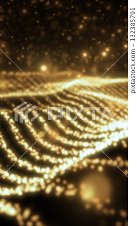 Abstract glowing golden waves of light forming a dynamic, shimmering surface with bokeh particles 132385791