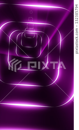 Bright purple neon glowing tunnel with square frames creating depth and futuristic symmetry 132385794
