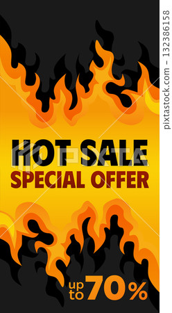 Hot Sale Special Offer Vertical Banner Template. Super Sale Black Friday Promotion Fire Flames Against Black Background. Hot Sale Special Offer Vertical Banner Template. Super Sale Black Friday Promotion Fire Flames Against Black Background. 132386158