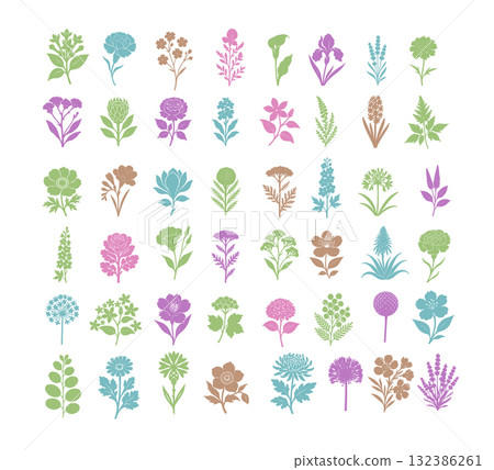 Collection of spring colorful flower elements vector. Set floral of wildflower, leaf branch, foliage on white background. Hand drawn blossom illustration for decor, easter, thanksgiving, clipart. 132386261