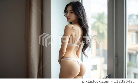 Beautiful buttocks by the window: A woman standing in pale pink lingerie (from behind) Beautiful buttocks by the window: A woman standing in pale pink lingerie (from behind) 132386453
