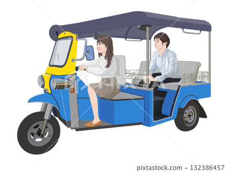 Illustration of a young woman driving a tricycle 132386457