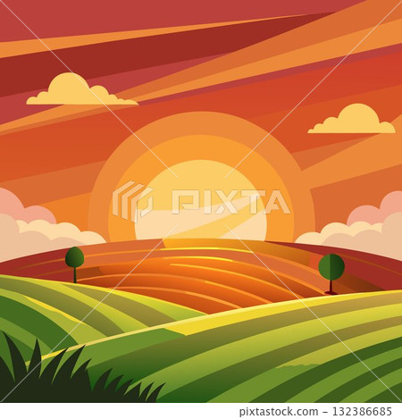 Sun over field. Cartoon vector illustration 132386685