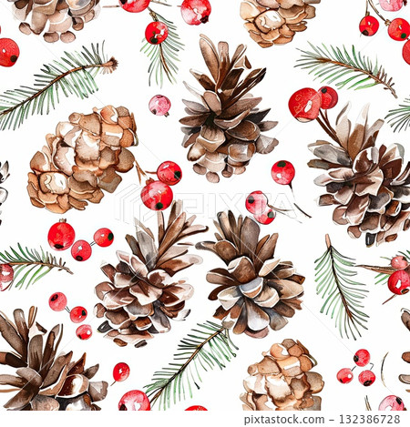 Classic winter seamless pattern of watercolor pine cones, red berries, and spruce branches on a white background. 132386728