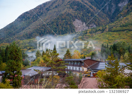 Autumn in Okuhida Onsen Village: Steam rising from Hirayu Onsen Autumn in Okuhida Onsen Village: Steam rising from Hirayu Onsen 132386927