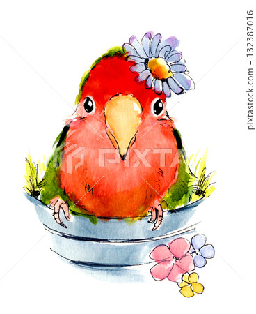 Adorable watercolor illustration of a lovebird with flowers 132387016
