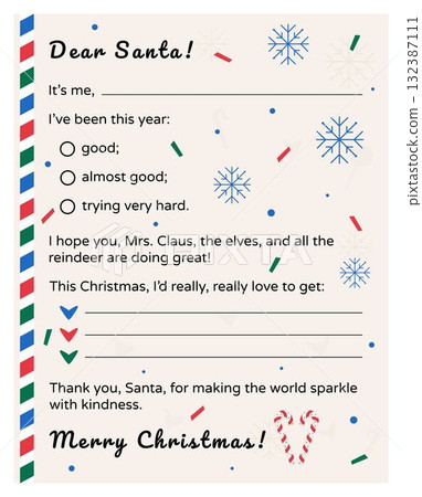 Retro Christmas letter to Santa Claus. Kids postcard with a wishlist. Vector template in vintage style with decorative elements - snowflakes, candy canes, hearts, confetti Retro Christmas letter to Santa Claus. Kids postcard with a wishlist. Vector template in vintage style with decorative elements - snowflakes, candy canes, hearts, confetti 132387111