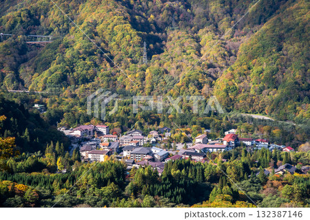 "Okuhida Onsen Village in Autumn" Hirayu Onsen town overlooked from R158 Awa Pass (old road) 132387146