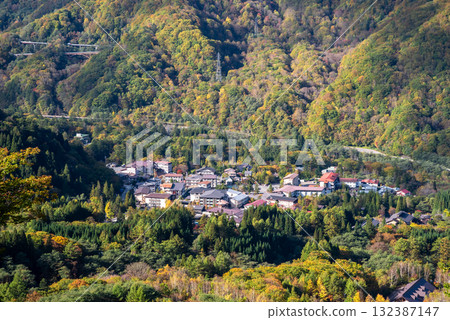 "Okuhida Onsen Village in Autumn" Hirayu Onsen town overlooked from R158 Awa Pass (old road) 132387147