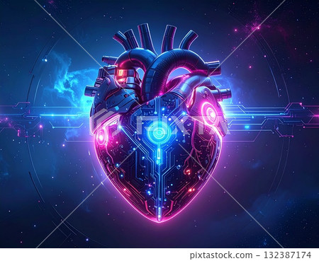 A luminous mechanical heart floating in the center of the space A luminous mechanical heart floating in the center of the space 132387174