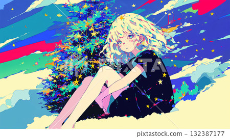 Girl sitting in front of a Christmas tree 132387177