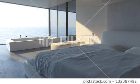 Minimalist Bedroom with Ocean View and Modern Bathtub in Tranquil Coastal Setting Minimalist Bedroom with Ocean View and Modern Bathtub in Tranquil Coastal Setting 132387482