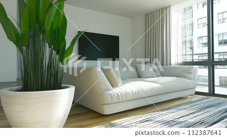 Modern Living Room Interior Design with Elegant Couch and Large Plant in Bright Space 132387641