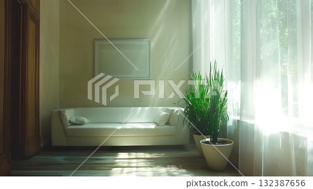 Bright and Airy Living Room with White Sofa and Potted Plant by Large Windows in Daylight Bright and Airy Living Room with White Sofa and Potted Plant by Large Windows in Daylight 132387656