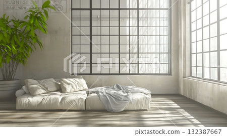 Bright and Airy Minimalist Living Space with Natural Light and Greenery Accents 132387667