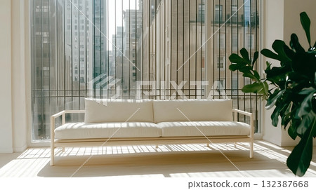 Modern Minimalist Living Room with Bright Natural Light and Urban City View Through Windows Modern Minimalist Living Room with Bright Natural Light and Urban City View Through Windows 132387668
