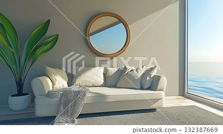 Modern Minimalist Living Room with Sofa, Indoor Plant, and Scenic Ocean View Through Window 132387669