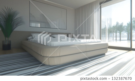 Modern Minimalist Bedroom with Large Windows and Luxurious Bed in Bright Natural Light 132387670