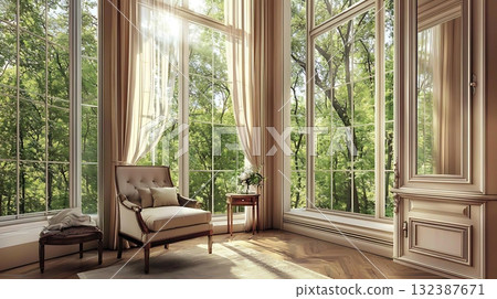 Sunlit Elegant Interior with Large Windows Overlooking Greenery and Cozy Armchair 132387671