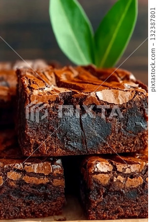 Moist Chocolate Brownies with Crackled Top and Green Leaf Decoration on Wooden Surface 132387801