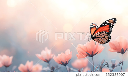 Delicate Monarch Butterfly Perched on Pink Flower Petals in Soft Morning Light Delicate Monarch Butterfly Perched on Pink Flower Petals in Soft Morning Light 132387907