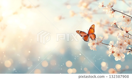 Beautiful Orange Butterfly on Cherry Blossom Tree in Soft Focus Spring Background 132387908
