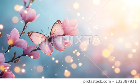 Ethereal Butterfly on Pink Flower Petals with Soft Blurred Background and Glittering Bokeh 132387931