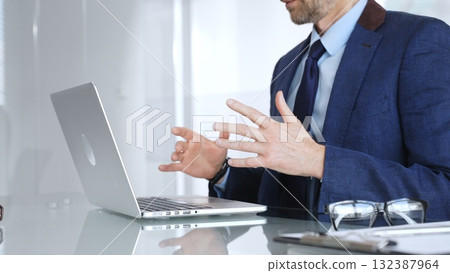 Businessman participating in a video conference, expressing ideas with hand gestures during remote collaboration Businessman participating in a video conference, expressing ideas with hand gestures during remote collaboration 132387964