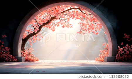 Serene Spring Scene with Cherry Blossoms Framing a Soft Light Entrance 132388052