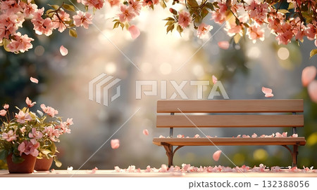 Peaceful Garden Scene with Bench Surrounded by Blossoming Flowers and Soft Sunlight 132388056
