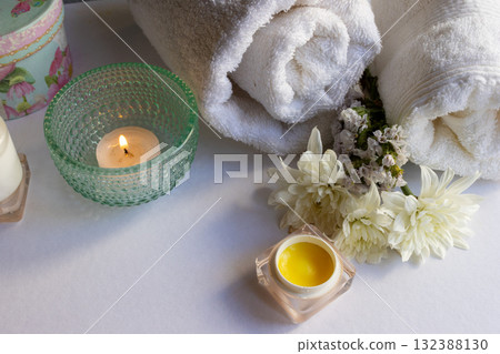 Top horizontal shot of a bright relaxing space with natural sunlight, calm textures and aesthetic decor. 132388130