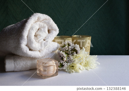 A modern and delicate composition featuring beauty products. Horizontal shot.  132388146