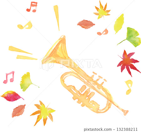 喇叭、音符和秋葉插圖向量 132388211