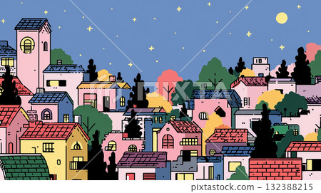 Colorful cityscape illustration illuminated by the starry sky | Warm hand-drawn night town 132388215