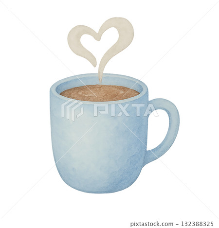 盛有熱氣騰騰的心形咖啡的藍色杯子和冬季咖啡館材料的插圖（剪切，透明背景） 132388325