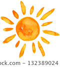 Sun Watercolor Whimsical Childish Style in Orange Color with Shining Rays on Isolated Background 132389024