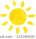 Yellow Sun Watercolor Sunshine with Short Cute Rays on Isolated Background 132389281
