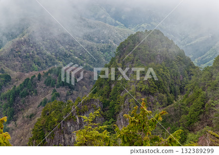 The misty green mountain range seen from the Hatcho Ridge of Mt. Ryokami 132389299