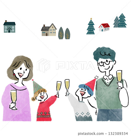 一幅聖誕插畫，描繪了一家四口在斯堪的納維亞風格的街景下舉杯慶祝派對 132389334
