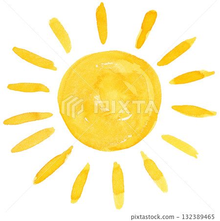 Sun Watercolor Cute Whimsical Cartoon Style, Sunshine with Rays 132389465